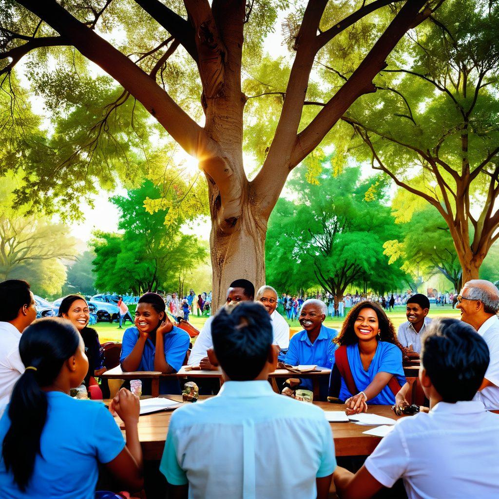 A vibrant community gathering showcasing diverse individuals exchanging joyful smiles, surrounded by framed photographs encapsulating their cherished memories. A serene park setting with lush greenery, soft sunlight filtering through the leaves, and children playing in the background to symbolize happiness and contentment. The scene captures the essence of togetherness and the power of photography. colorful and heartwarming. super-realistic.