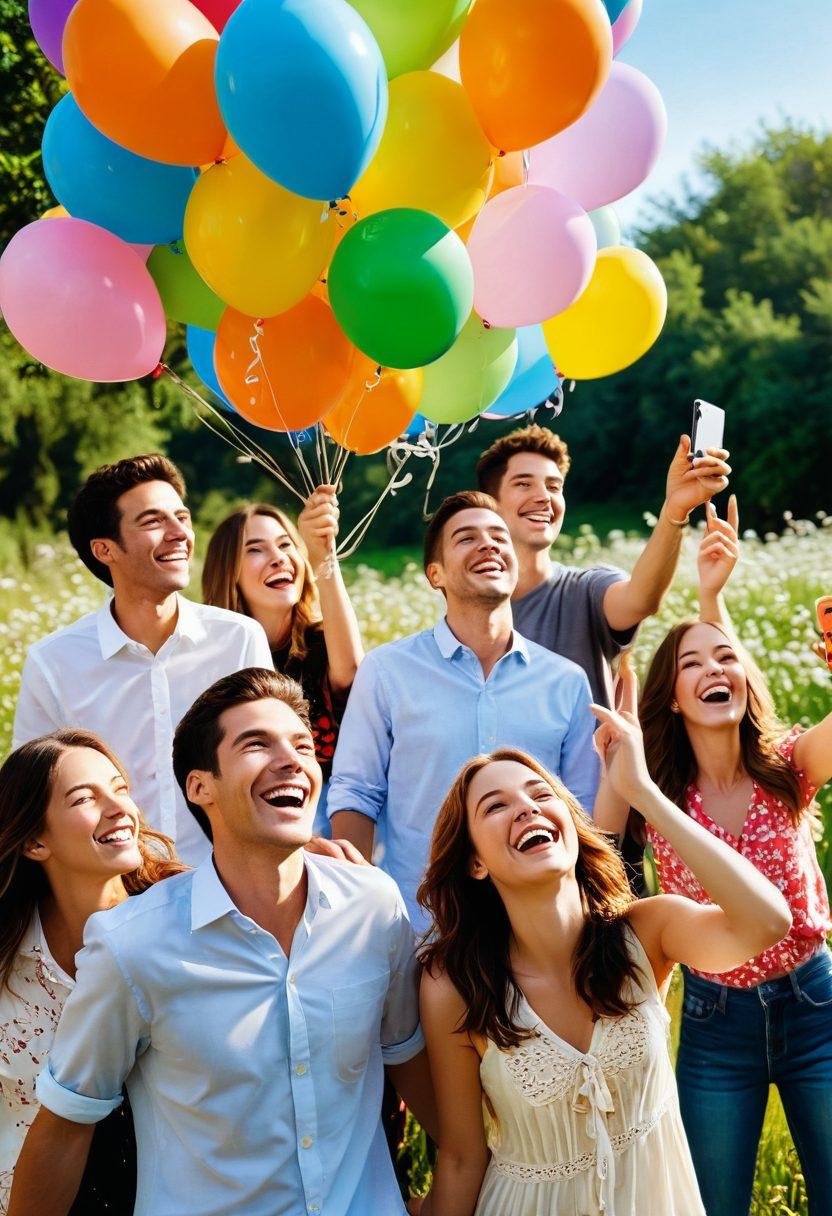 A vibrant scene depicting a diverse group of friends joyfully capturing moments with cameras and smartphones, surrounded by a picturesque landscape filled with blooming flowers and colorful balloons. The sunlight casts a warm glow on their smiles as they share laughter and create lasting memories, highlighting the joy of photography and connection. super-realistic. vibrant colors.